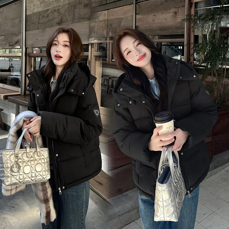 Hooded Women Solid Parkas Casual Splice Loose Short Jackets Pocket Full Sleeve Thick Coat Elegant Lady Autumn Winter 2025
