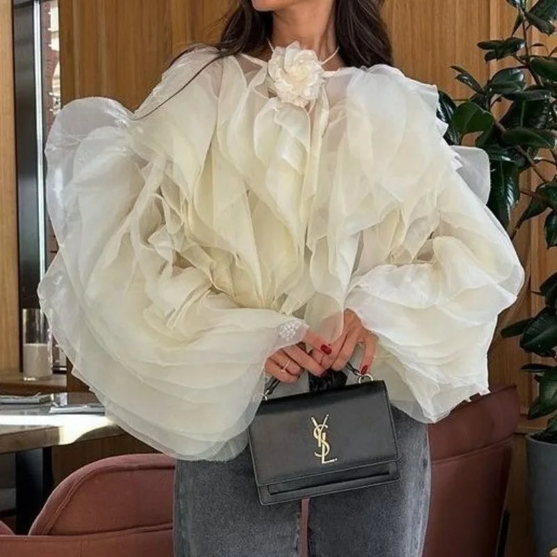 Crew neck pulôver multi-camada plissado borda emenda camisa feminina manga longa curto em torno do pescoço fungo borda moda topo feminino