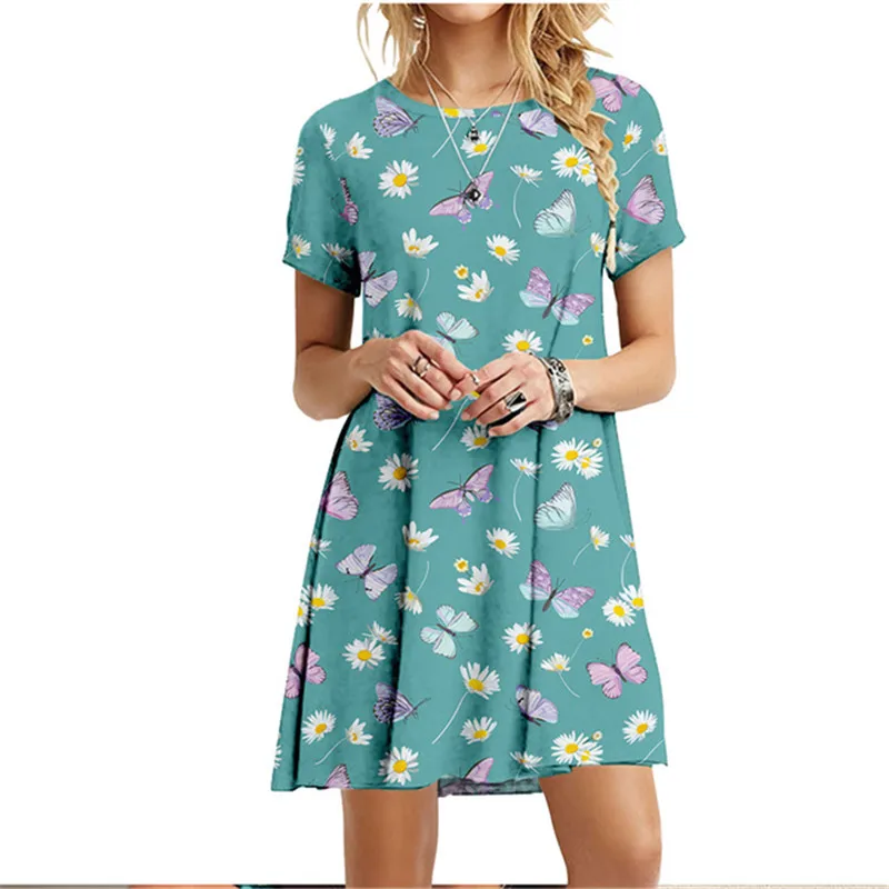3D Green Leaves Floral Printed Mini Dress For Women 2022 Summer Loose Oversized Casual Short Sleeve O-Neck A-Line Dress Sundress