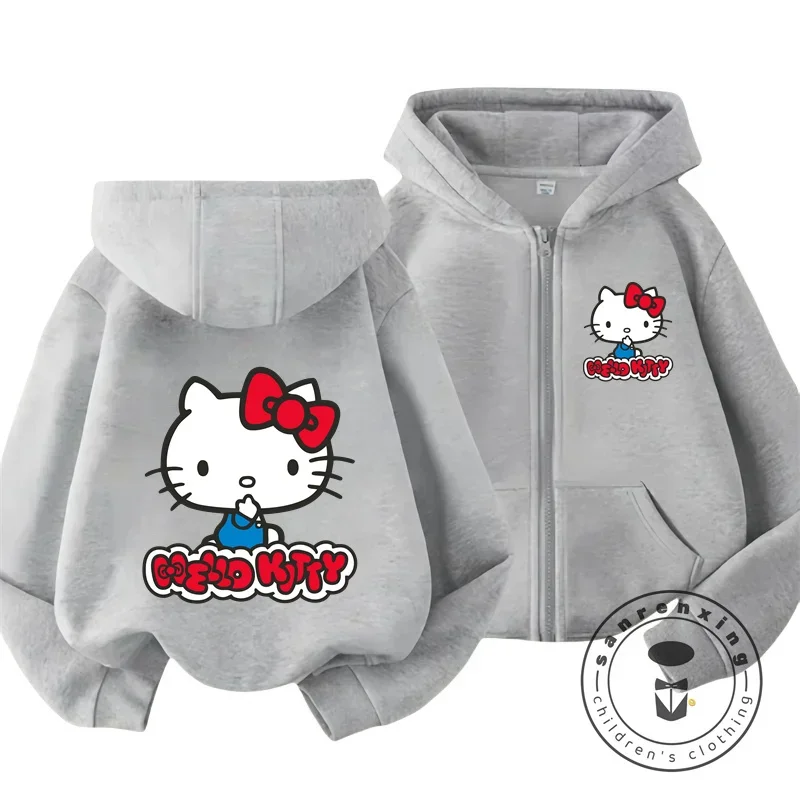 2024 New Fashion Hoodie Hello Kitty Cartoon Anime Boys and Girls Sweatshirt Autumn and Winter Pink Kawaii Cute Soft Zipper Tops