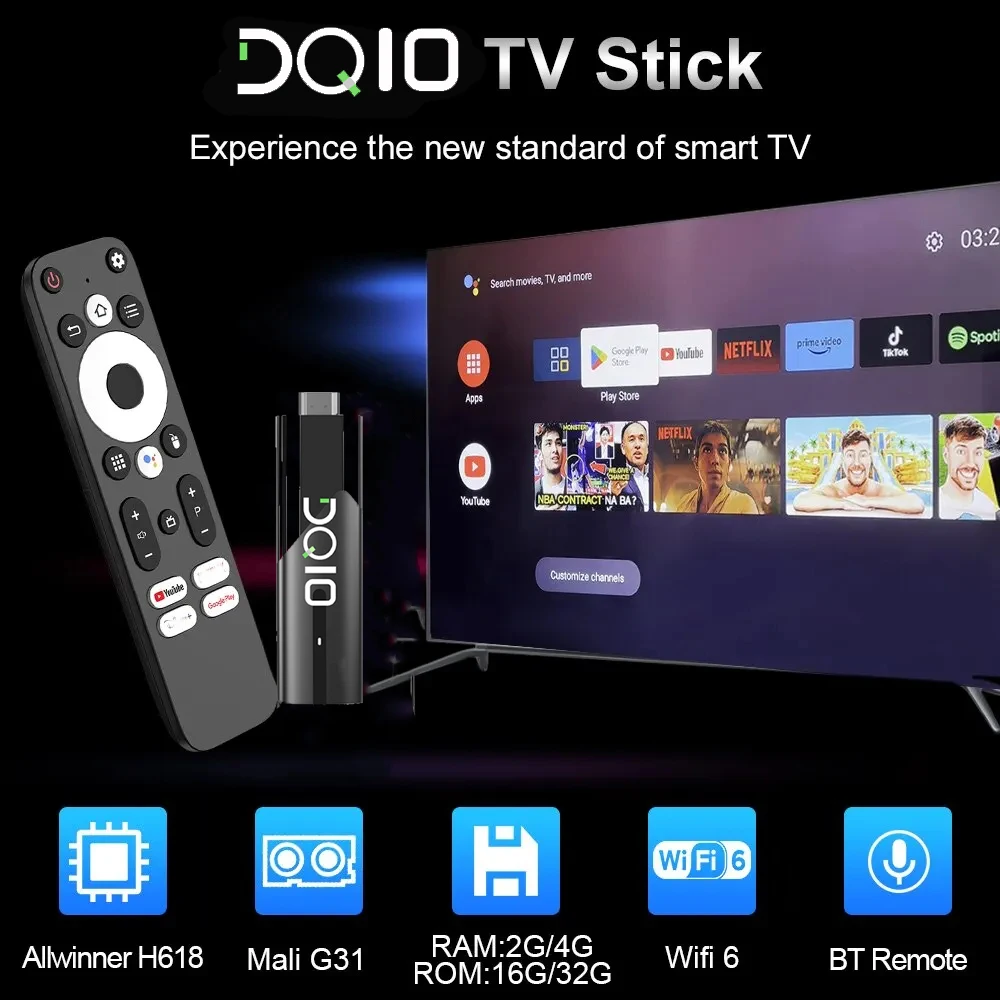 DQ10 Smart TV Stick Android 13 Allwinner H618 Quad Core Cortex A53 Support 8K Video 4K TV Stick Wifi6 Voice Remote Mini TV Box