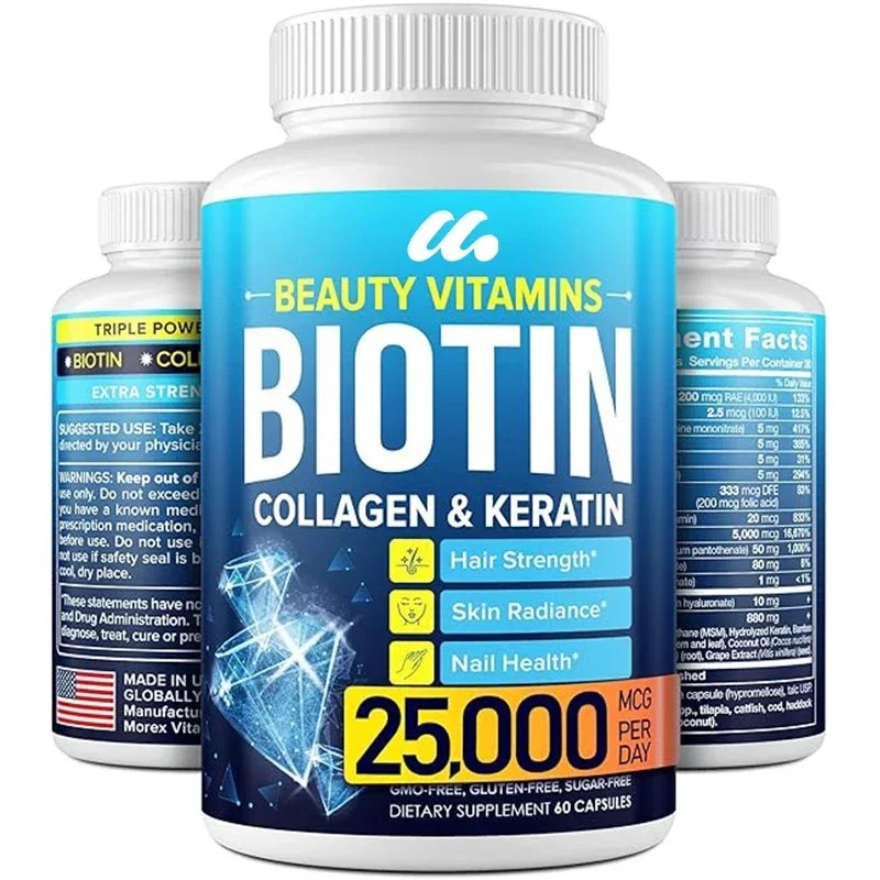 

Biotin keratin and collagen capsules, natural collagen,keratin and biotin promote hair growth, used for hair loss,skin and nails