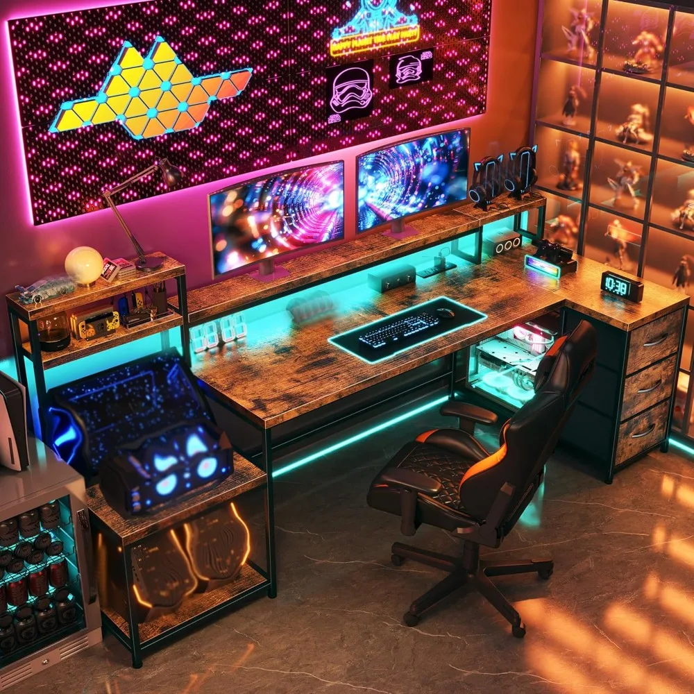 مكتب على شكل حرف L مقاس 71 بوصة مع 3 أدراج، ومكتب ألعاب بإضاءة LED، وتصميم قابل للعكس، ومخرج طاقة مدمج للمكتب المنزلي