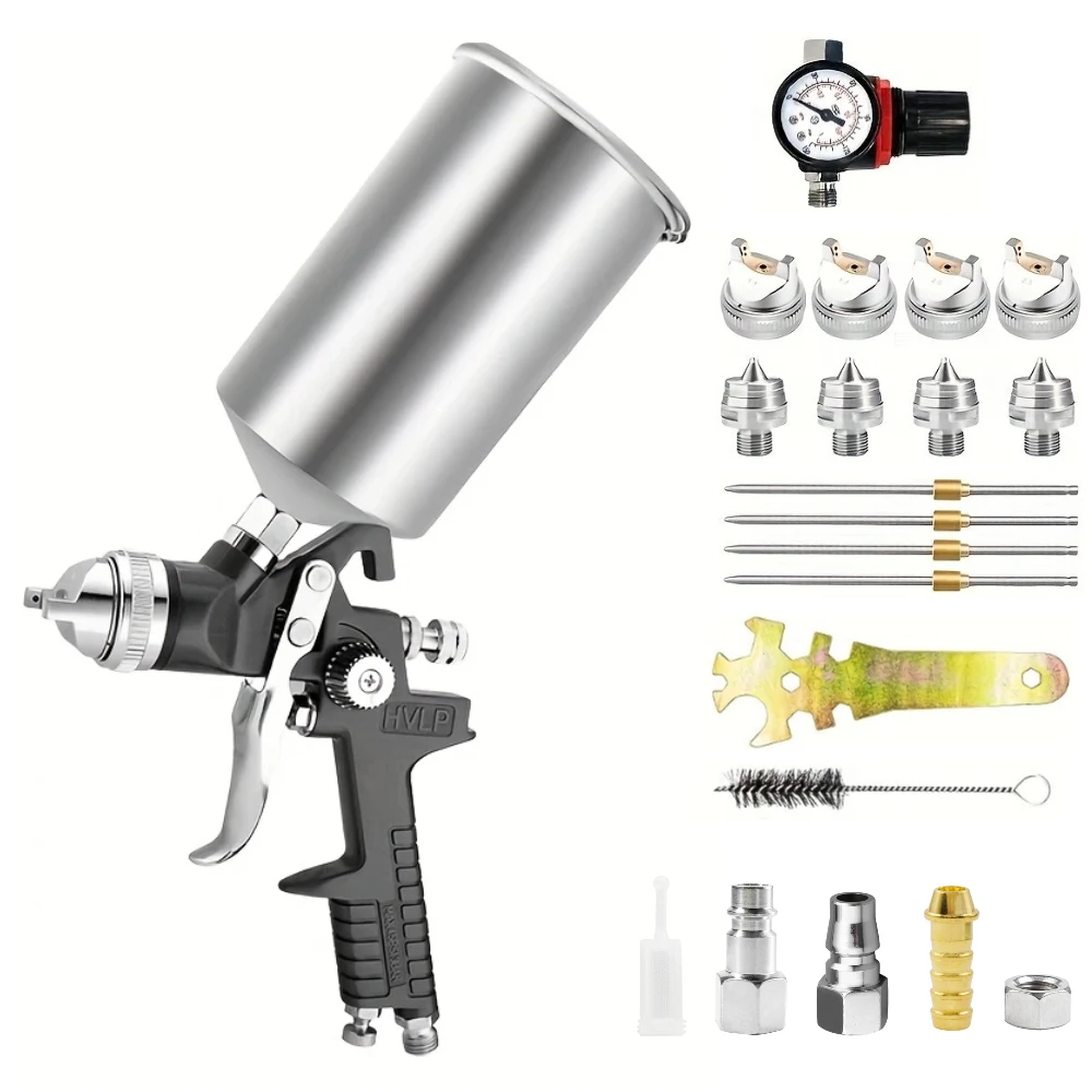 High Quality 1.4/1.7/2.0/2.5mm Nozzle Professional HVLP Spray Gun 1L  Aluminum Cup Multi-caliber Tips W/Air Regulator