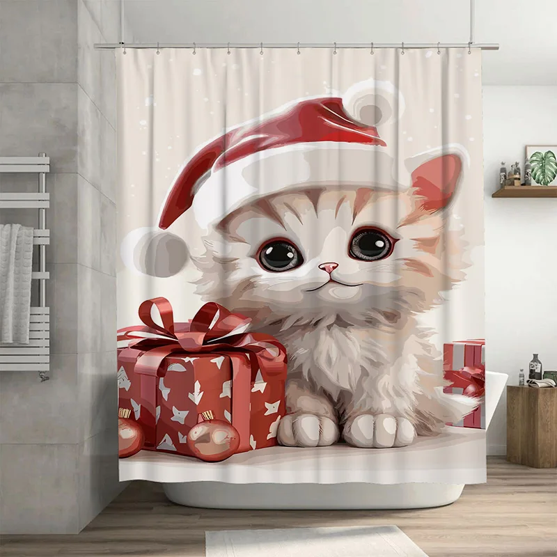 

Tuniu Cute Kitten Christmas Bathroom Shower Curtain Festive Holiday Decor Fun Pet Lover Gift Set