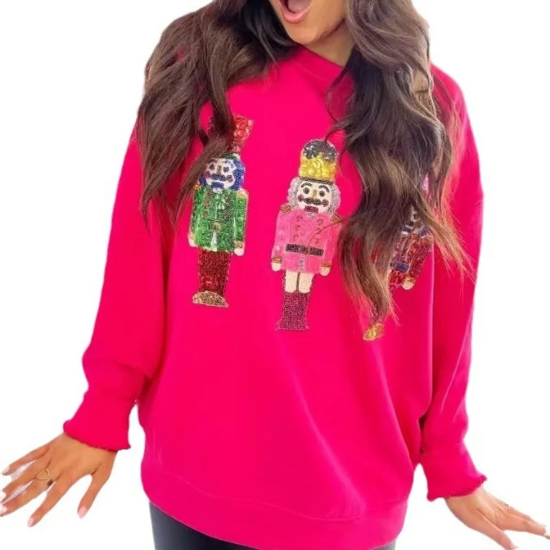 Women Sequin Christmas Hoodie Sweatshirt Oversized Long Sleeve Sparkly Glitter Pullover Tops Holiday Jumper