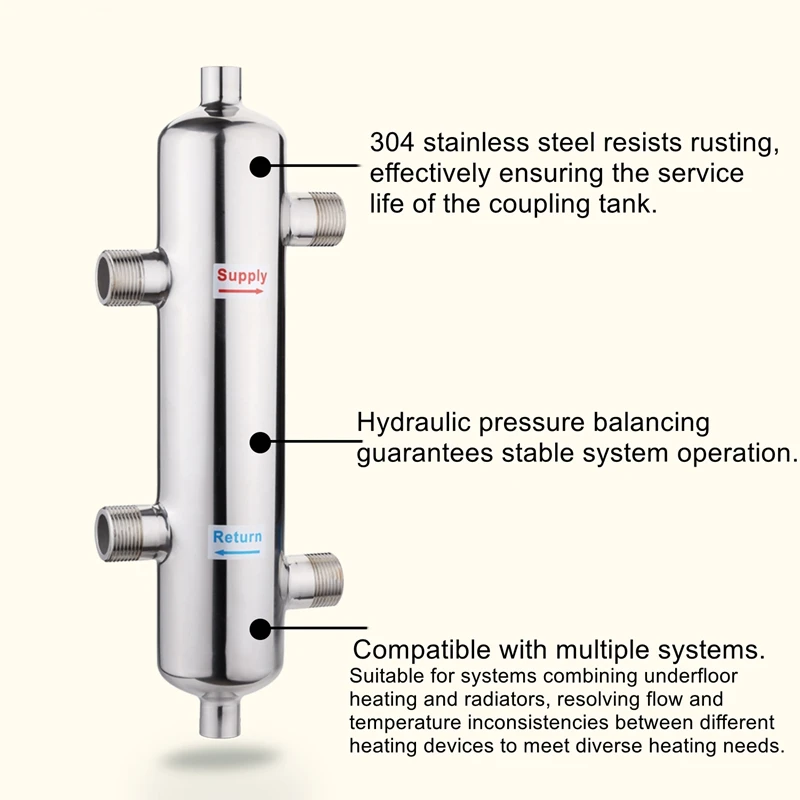 

Underfloor Heating Wall-Mounted Boiler Coupling Tank Hydraulic Pressure Divider Stainless Steel Pressure Balancer