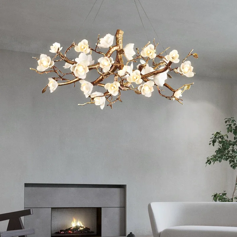 

Chinese Style Flower Chandelier for Living Room Dining Table Kitchen Island Ceramic Lamp Indoor Decoration Lighting Fixture