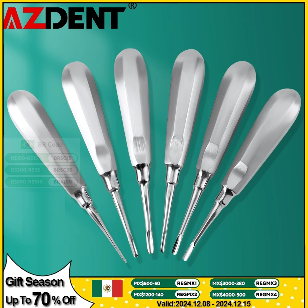 Azdent-elevador Dental de acero inoxidable, 6 piezas, Kit de herramientas de dentista, elevador de raíz curva recta, herramientas de odontología,