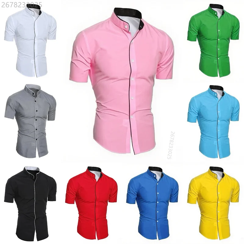 

Men's shirts, summer fashion casual short-sleeved shirts, solid color stand-up collar comfortable breathable slim fit men's tops