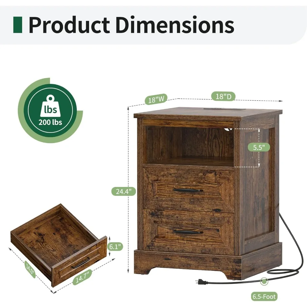 منضدة خشبية لمحطة شحن مع أدراج ورف تخزين مفتوح، وطاولة بجانب السرير لأسلوب المزرعة الحديثة #2