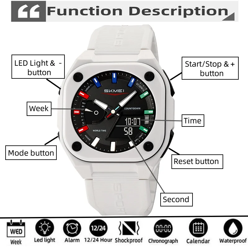 Skmei Multiple Time Zone Sports Watches for Mens Analog Digital Display 4 Alarm Clock Male LED Waterproof Electronic Wristwatch