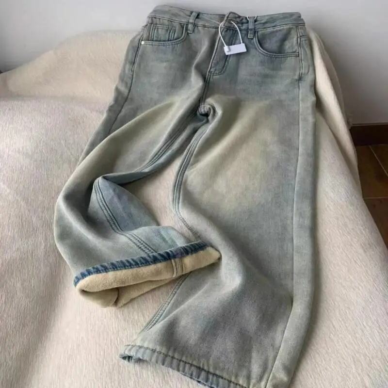 

Женские джинсы на флисовой подкладке, прямые брюки с высокой талией, свободные широкие брюки, зима 2025 г., новые модные повседневные брюки, милые модные кавайные брюки