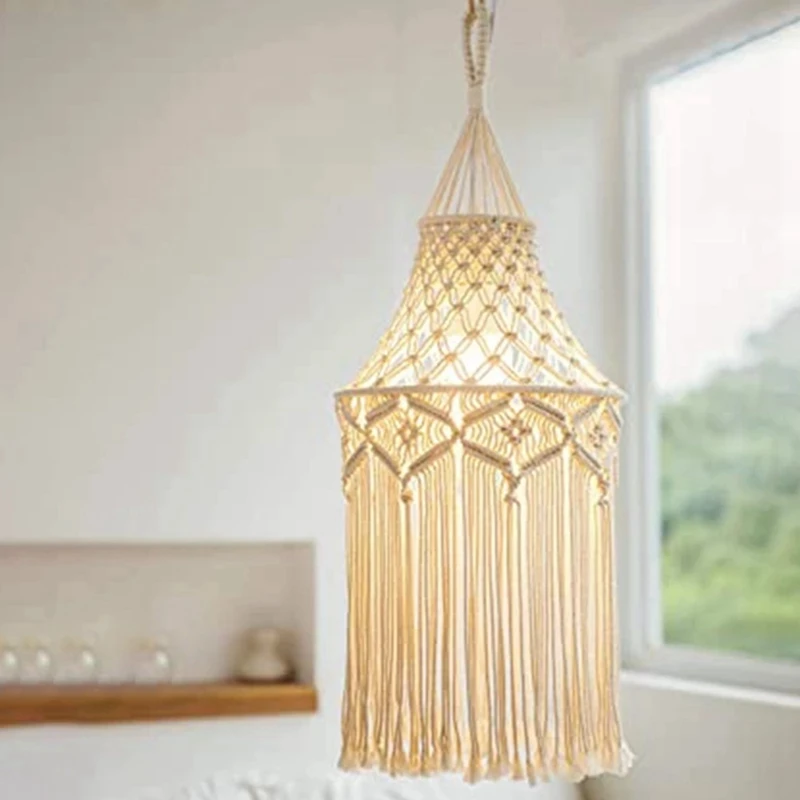 A98E-Macrame غطاء مصباح معلق قلادة غطاء خفيف مكتب غرفة نوم غرفة المعيشة الحضانة غرفة النوم البوهيمي ديكور المنزل