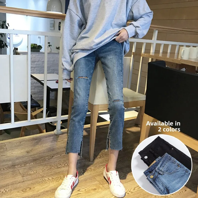

High Waist Bla Denim Pants Women's Spring Autumn New Sle Elastic Tube Pants Eight Nine Points Small Size Jeans