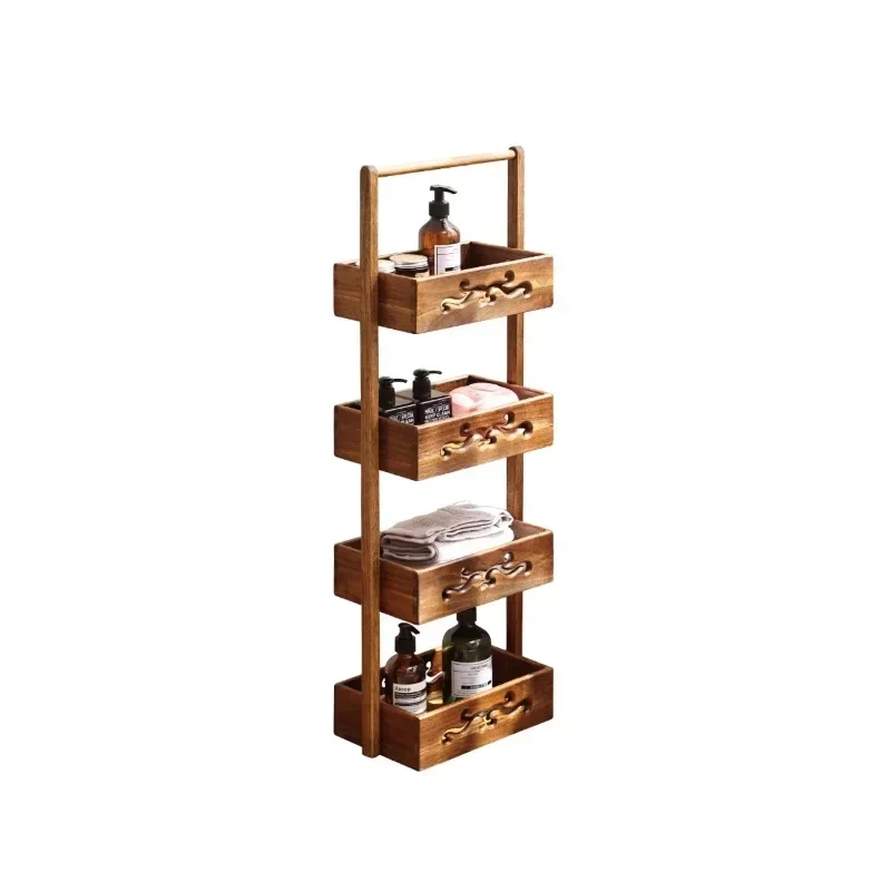 Retro solid wood snack rack, tea room multi-layer storage rack, living room, bathroom, extremely narrow floor rack