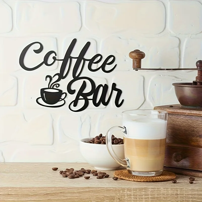 Rustic Black Metal Coffee Cup Wall Decor Sign, Contemporary Farmhouse Kitchen & Coffee Bar Hanging Plaque, No Electricity Requir