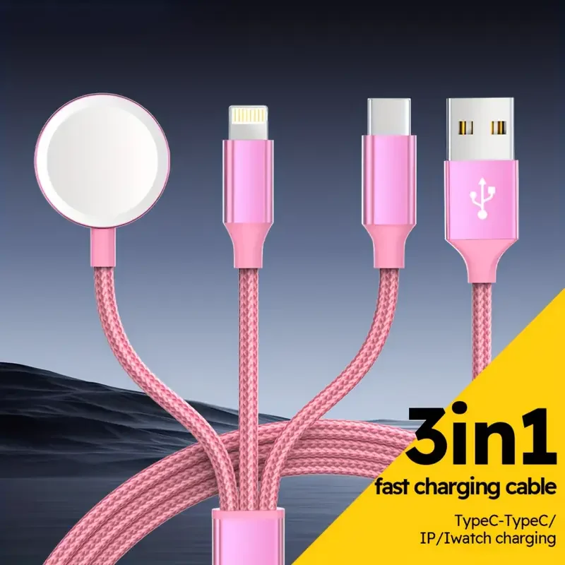 

Розовое зарядное устройство Jogrytece для часов, нейлоновый плетеный кабель для беспроводной зарядки iWatch, многофункциональный зарядный кабель 2-в-3 для iWatch, iPhone, телефонов Android