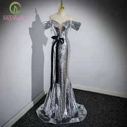 Customized Silver Sequin Mermaid Evening Dress for Women Sexy Slim Classic Fishtail Simple Party Formal Gowns Vestido De Festa