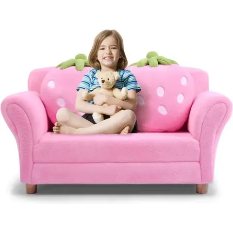Toddler Couch with Two Strawberry Pillows, Children Upholstered Loveseat Lounge Bed, Coral Fleece Surface & Sturdy Wood Frame