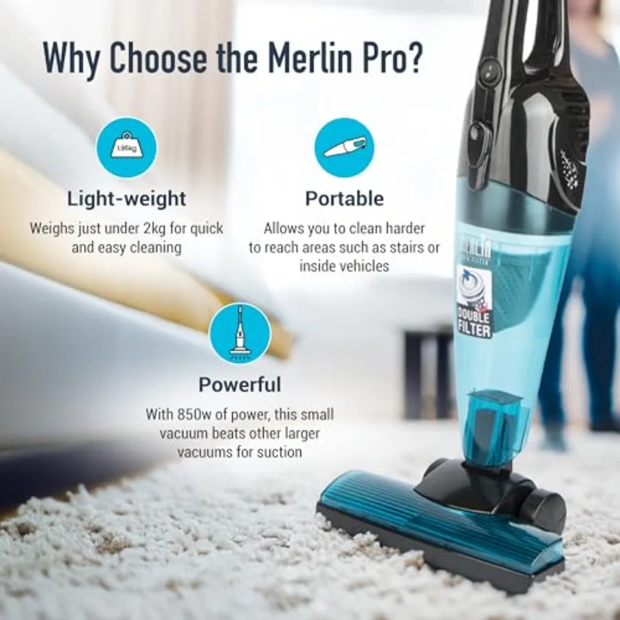 Merlin 2 in 1 Mini Handheld/Stick 500 Watt Bagless Corded Vacuum with Tools Blue for Home Cleaning Car Interior Detailing and O