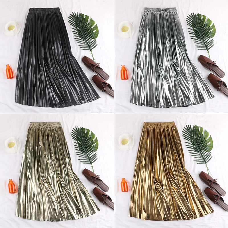 High Waist A-Line Midi Pleated Skirt For Women 2024 New In Autumn Winter Korean Fashion Gold Silver Elegant Long Skirts