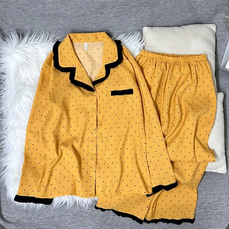 Women Polka Dot Pajama Set Lapel Long Sleeve 2 Piece Sleepwear Spring Autumn Soft Breathable Loungewear Home Pajamas Set Casual