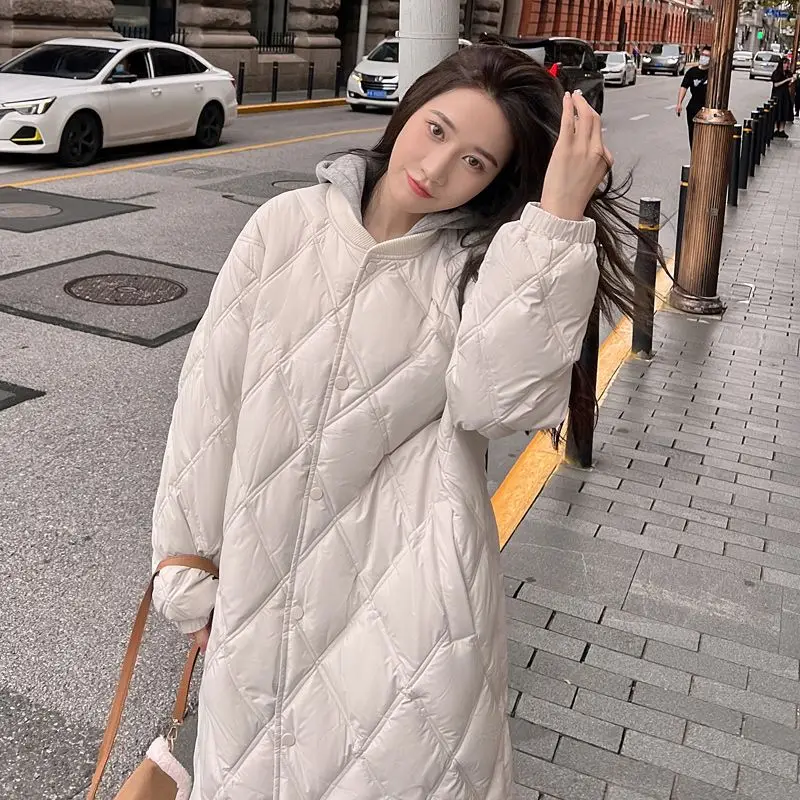 2023 Checkered Thin Cotton Jacket For Women, Mid Length, Loose, Casual, Single Breasted, Round Neck, Warm, Winter, 2023