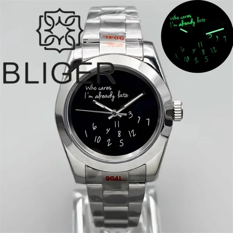 36mm39mm 맞춤형 로고 남자 시계 "Who Cares I'm already Late" 다이얼 빛나는 NH35A 자동 운동 사파이어 방수