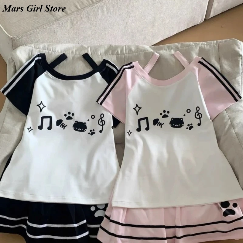 

Japanese Kawaii Subculture Style 2 Piece Set Women Cute Cat Print Short Sleeve Tops A-Line Mini Skirt Sweet Lolita Outfit Summer