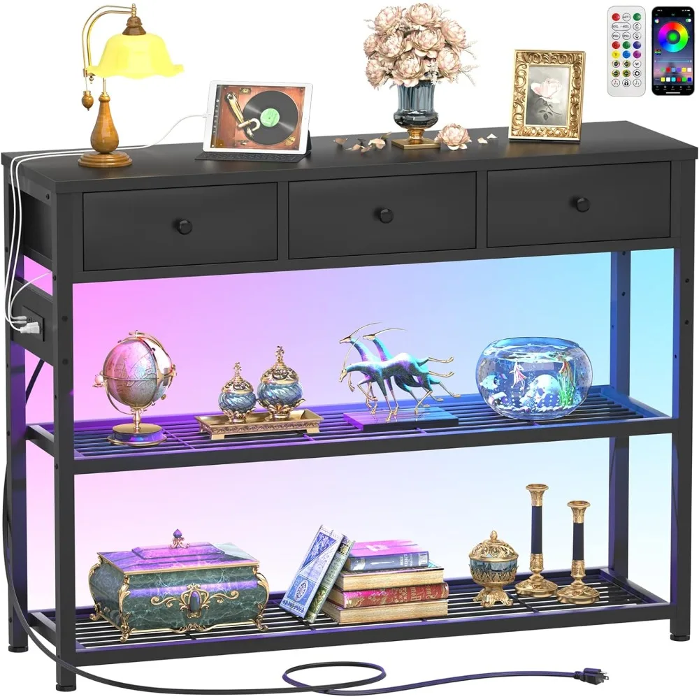 Console Table for Entryway with Power Strip, Entryway Table with RGB LED Lights, Entry Tables with Storage Drawers