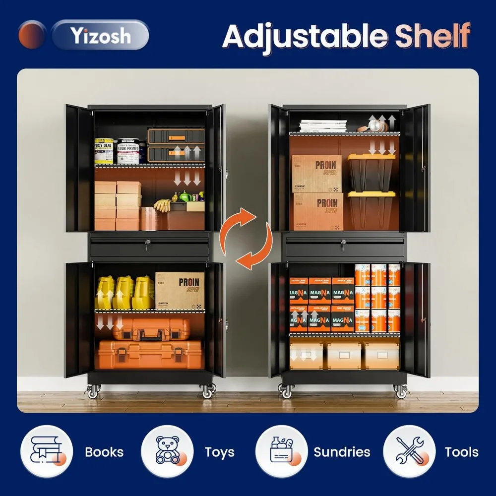 

Metal Garage Storage Cabinet with Locking Doors and Adjustable Shelves, 73" Rolling Tool Storage Cabinet with 4 Wheels