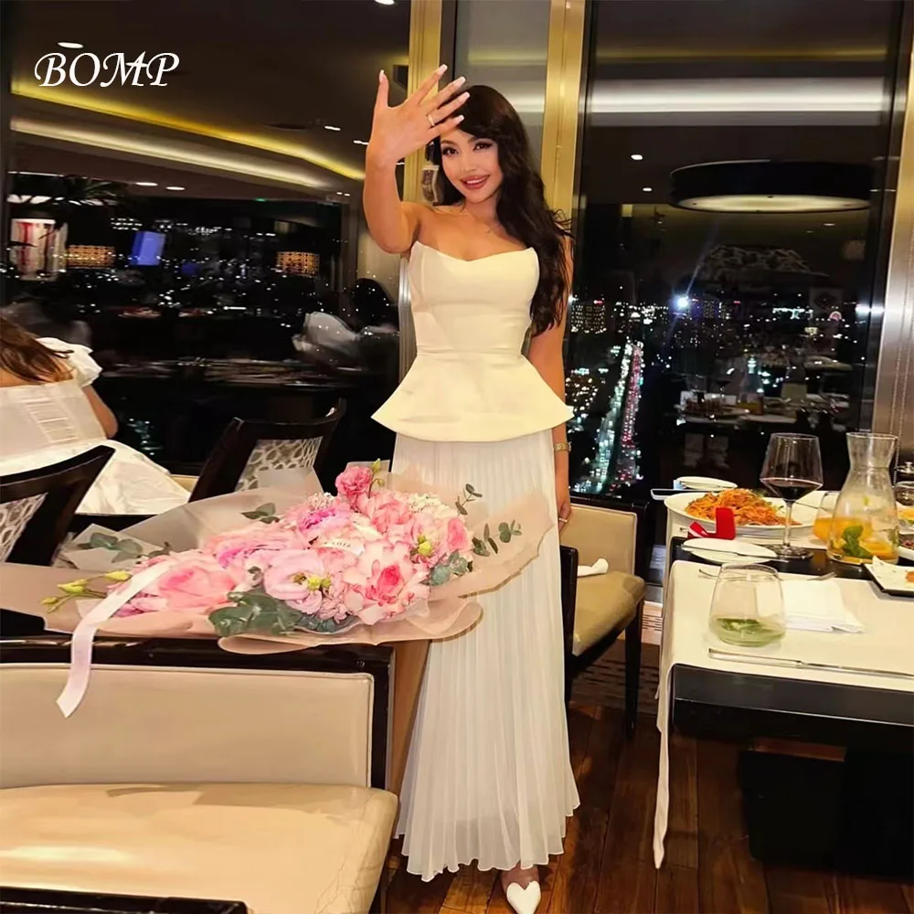 

BOMP Elegant Tiered Evening Dress Strapless Pleat A-Line Floor Length Ivory Satin Special Occasion Wedding Party Gown Customized