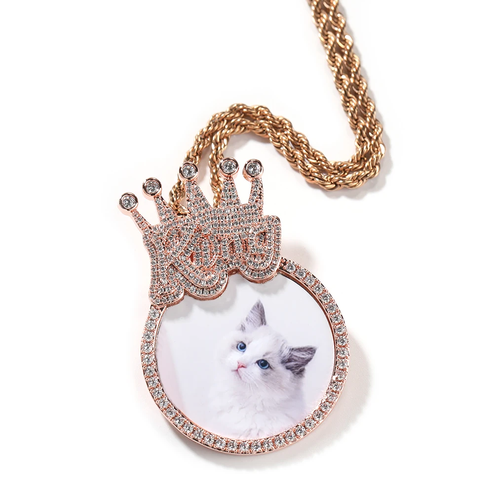 UWIN DIY Medallion Photo Pendant Necklace with Heart Bezel 3 cm diameter Picture Charms Iced Out CZ Fashion Jewelry for Gift