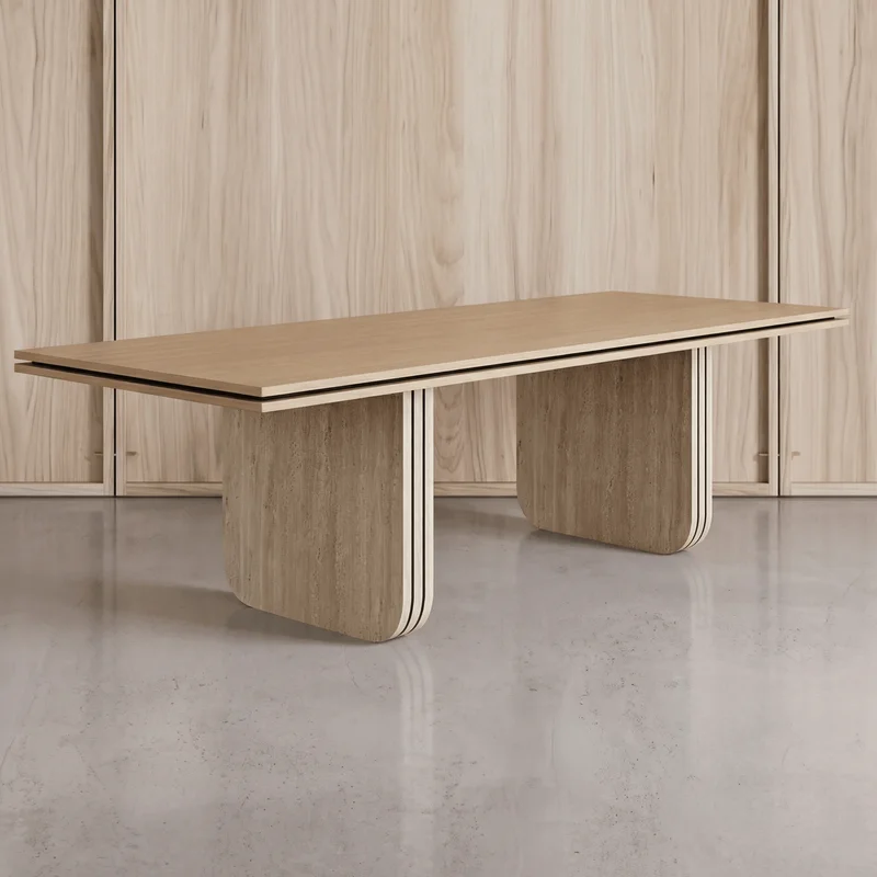 

xx-Furniture Manufacturer Luxury Travertine Leg With Wood Desktop Dining Table Marble Stone Modern Dinning Table^