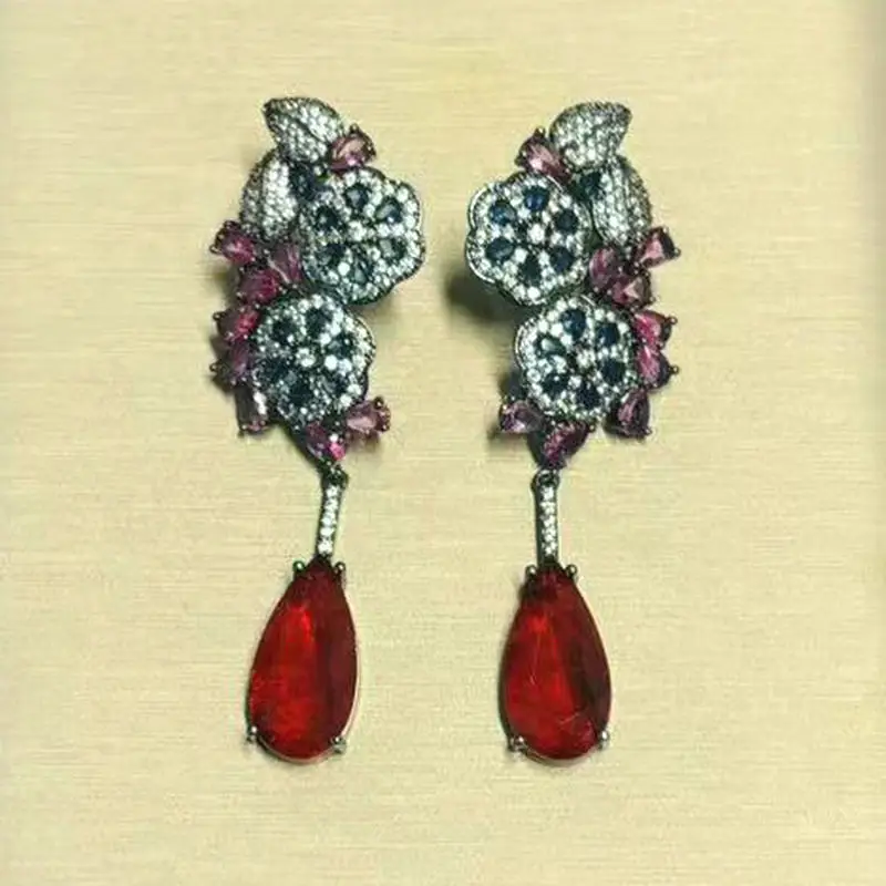 

Bilincolor Fashion Flower Red Cubic Zirconia Dangling Earring for Women
