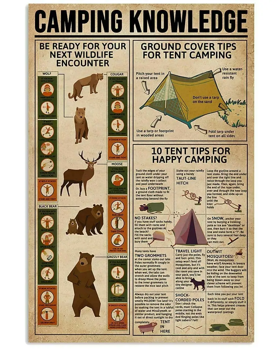 Retro Art Print Poster Camping Knowledge Cafe Bar Metal Sign Tin Sign Wall Decoration Plaque 8x12 Inch