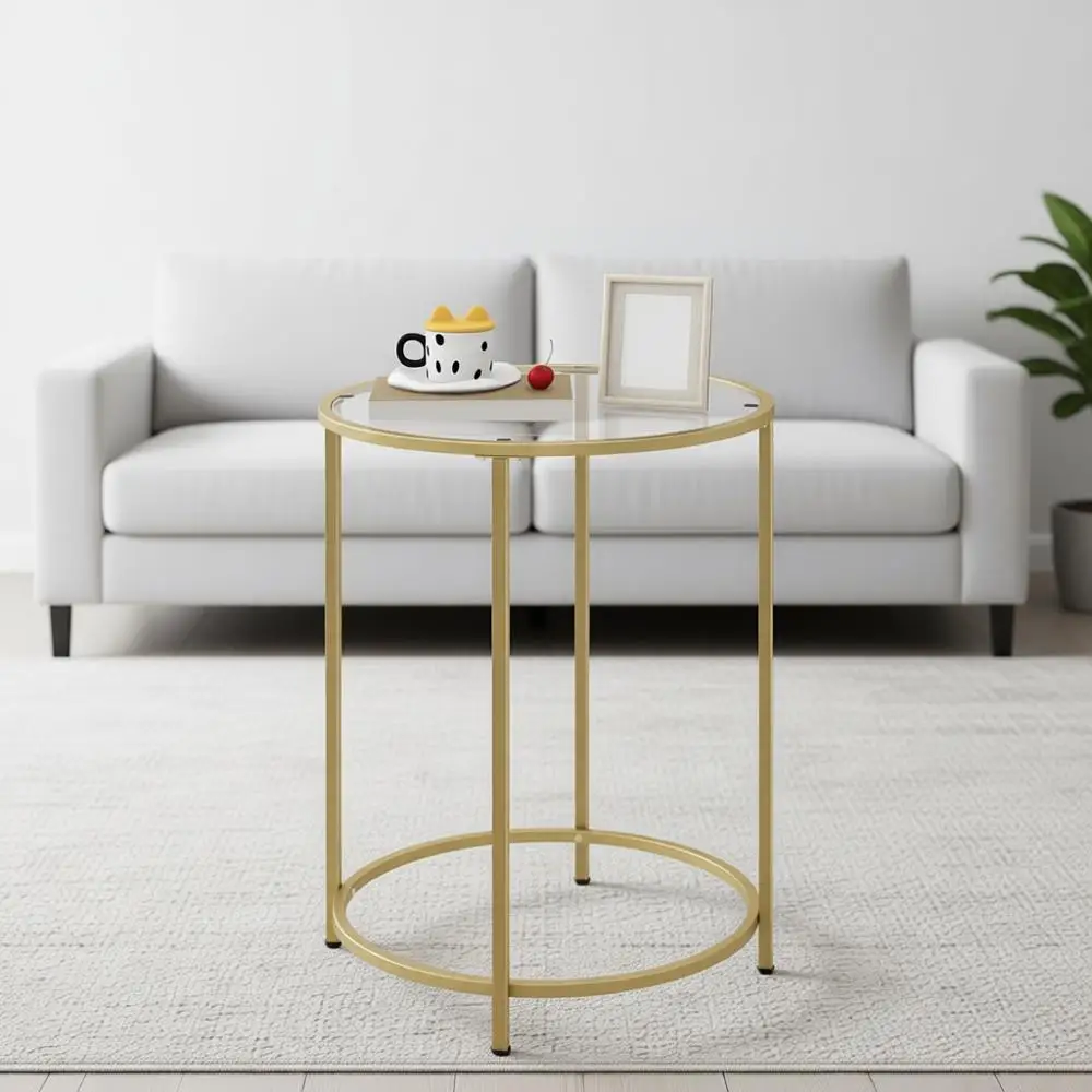

Round Side Table, Modern Style Coffee Table, Sofa Table, Table with Metal Shelves and Glass Top, End Table for Living Room, Bedr