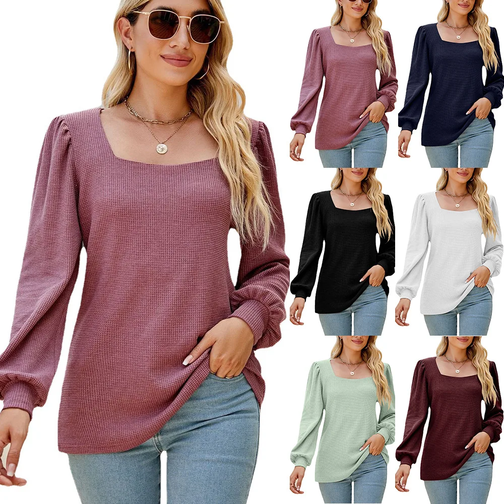 

Women's Pleated Bubble Sleeve Top, Loose Casual T-shirt, Monochromatic, Autumn and Winter