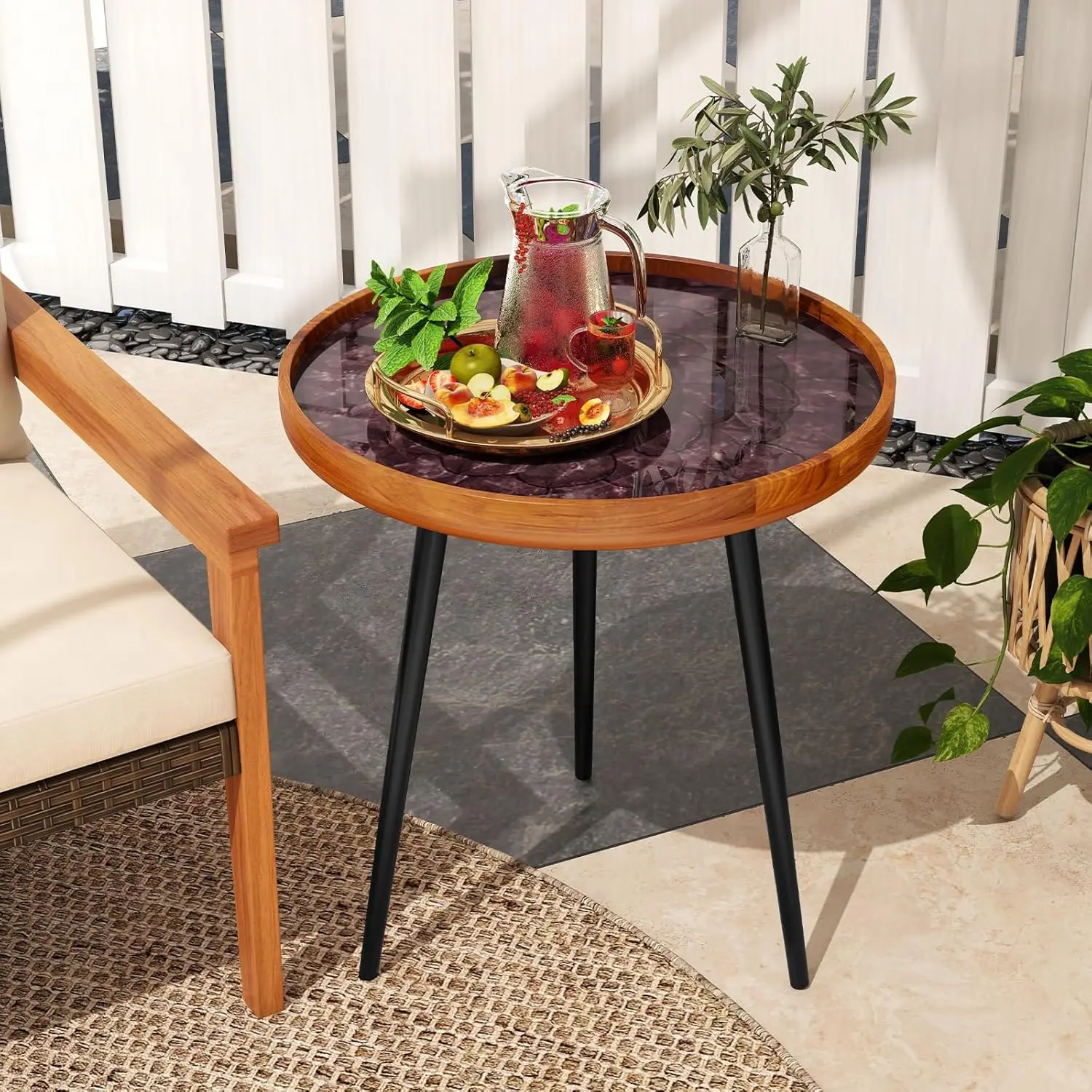 #Round Epoxy Resin End Table Sea Shell Tray Top Mahogany Frame Patio Pool Yard 20
