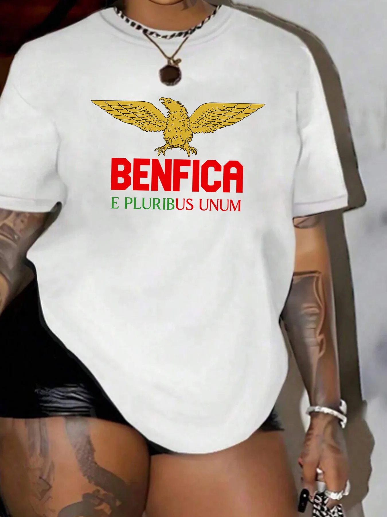 

【10114827】Женская футболка больших размеров с круглым вырезом и короткими рукавами, эластичными полурукавами и модными принтами