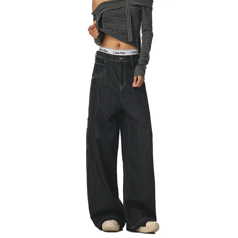 أنيقة الخريف الشتاء خمر عالية الخصر التطريز تصميم تنوعا البضائع الجينز مستقيم واسعة الساق السائق السراويل النسائية Y2k الملابس #4