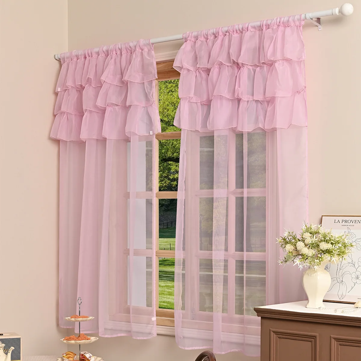 1pc Solid Colour 3 Laces Sheer Curain, Lace Curtains for Living Room, Bedroom, Home Decor, Window Screen Rod Pocket