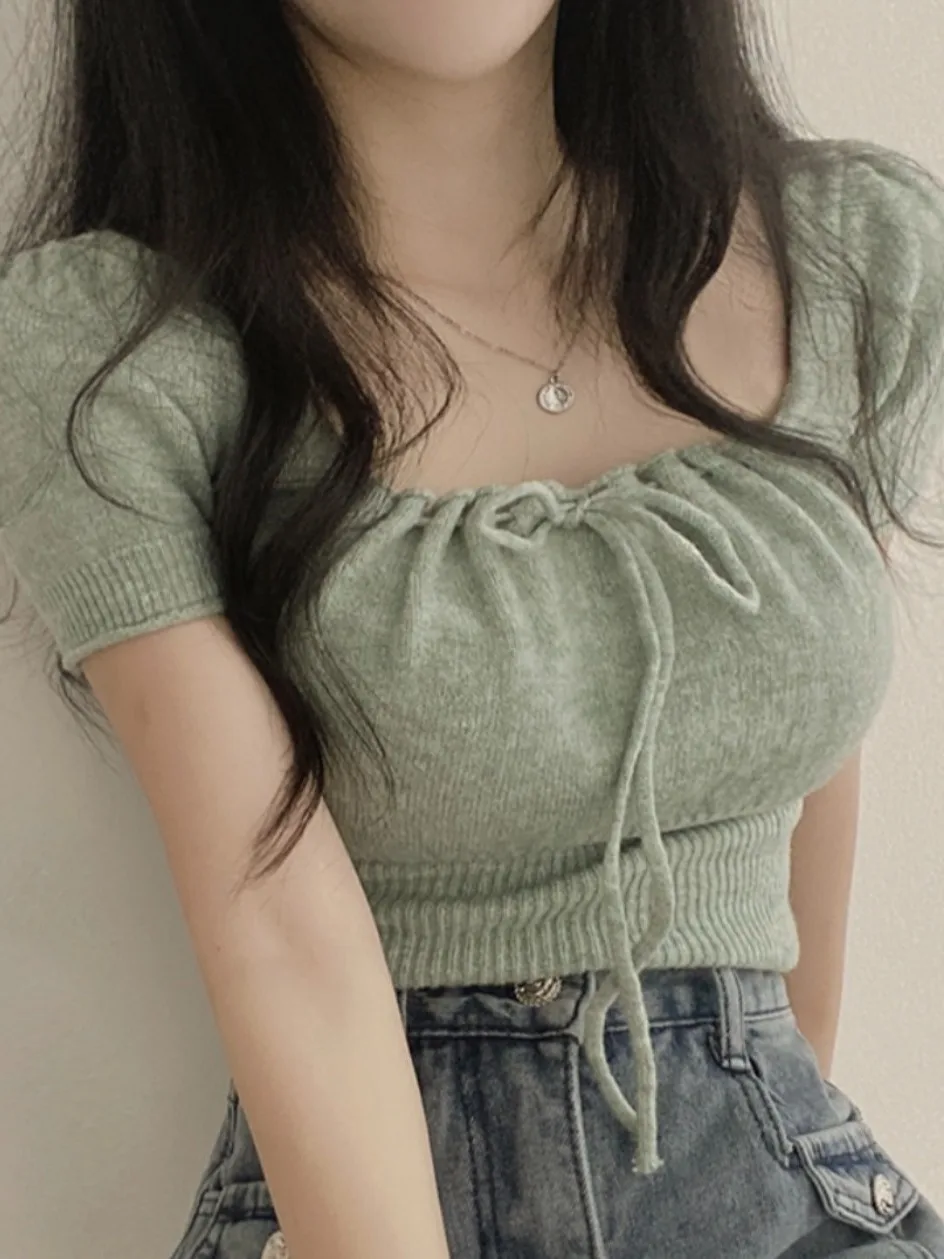 Top de punto de manga corta de Color puro ajustado e de verano con pajarita cuello cuad estilo dulce moda de mujer