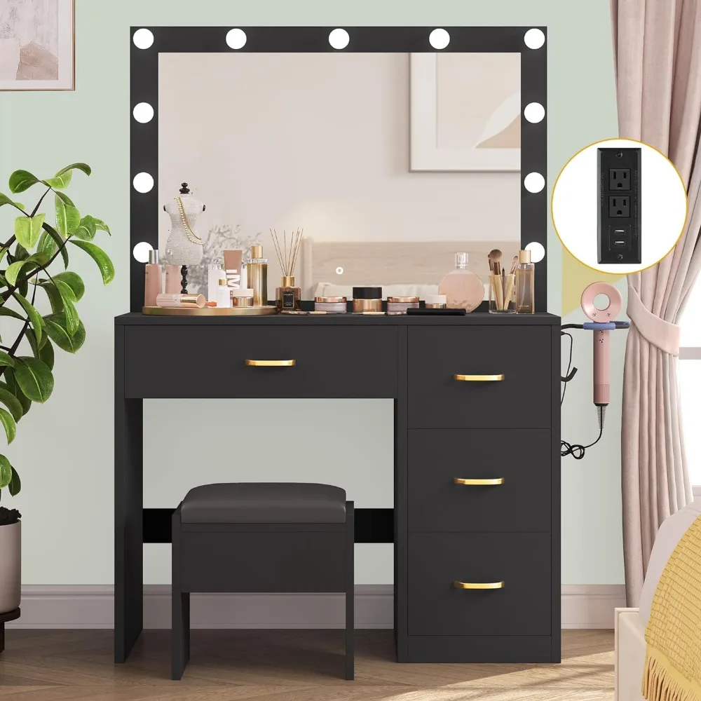 Carbon Black Furniture Bedroom Vanity Table With 4 Drawers and Cushioned Stool for Women Girls Vanity Desk Set With Large Mirror