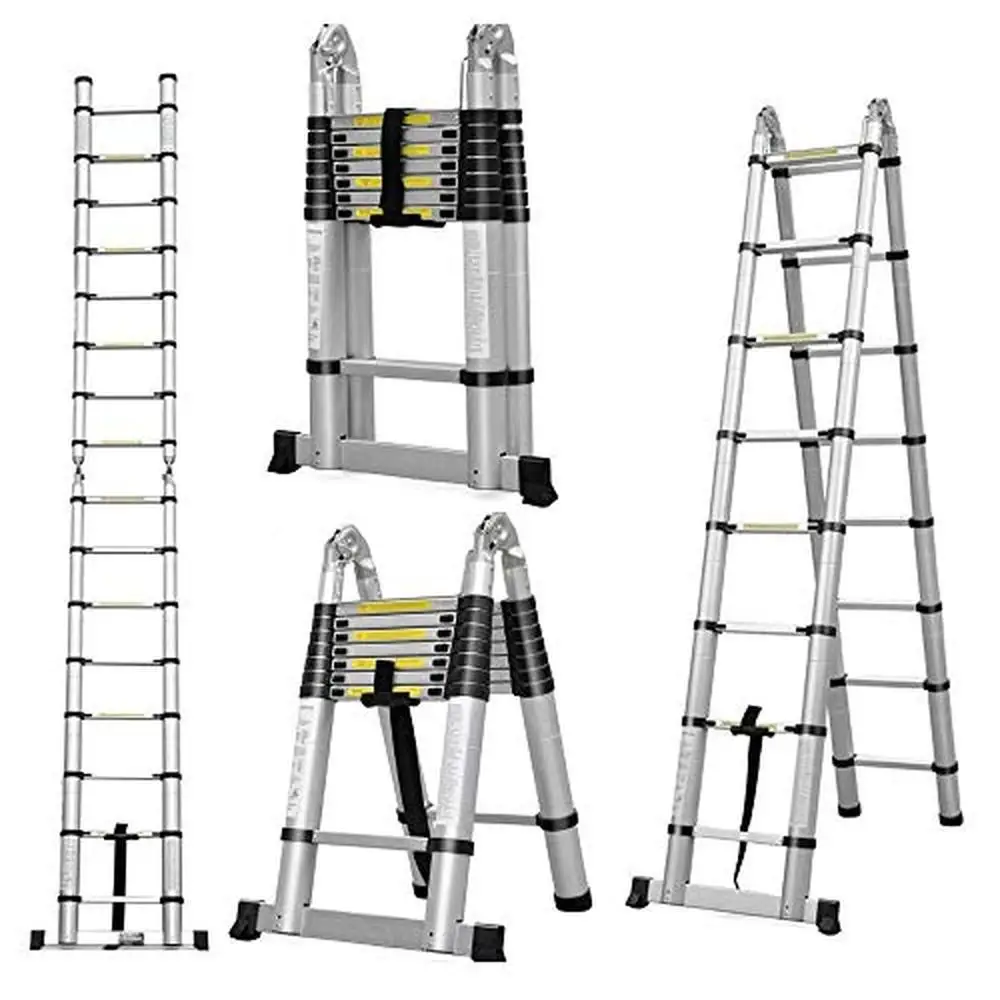 Foldable Telescopic Extension Ladder 16.5ft Lightweight Aluminum Compact Design Spring Lock System Adjustable Height Home