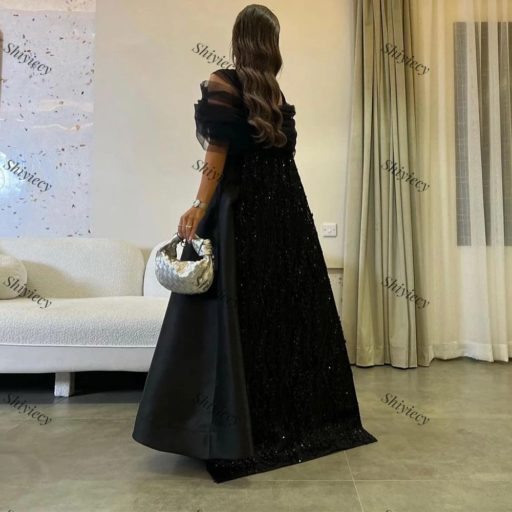 Black Formal Evening Dress Elegant Sweetheart Satin Sequined Appliques Prom Gowns Off the Shoulder Saudi Arabia Party Dress 2024