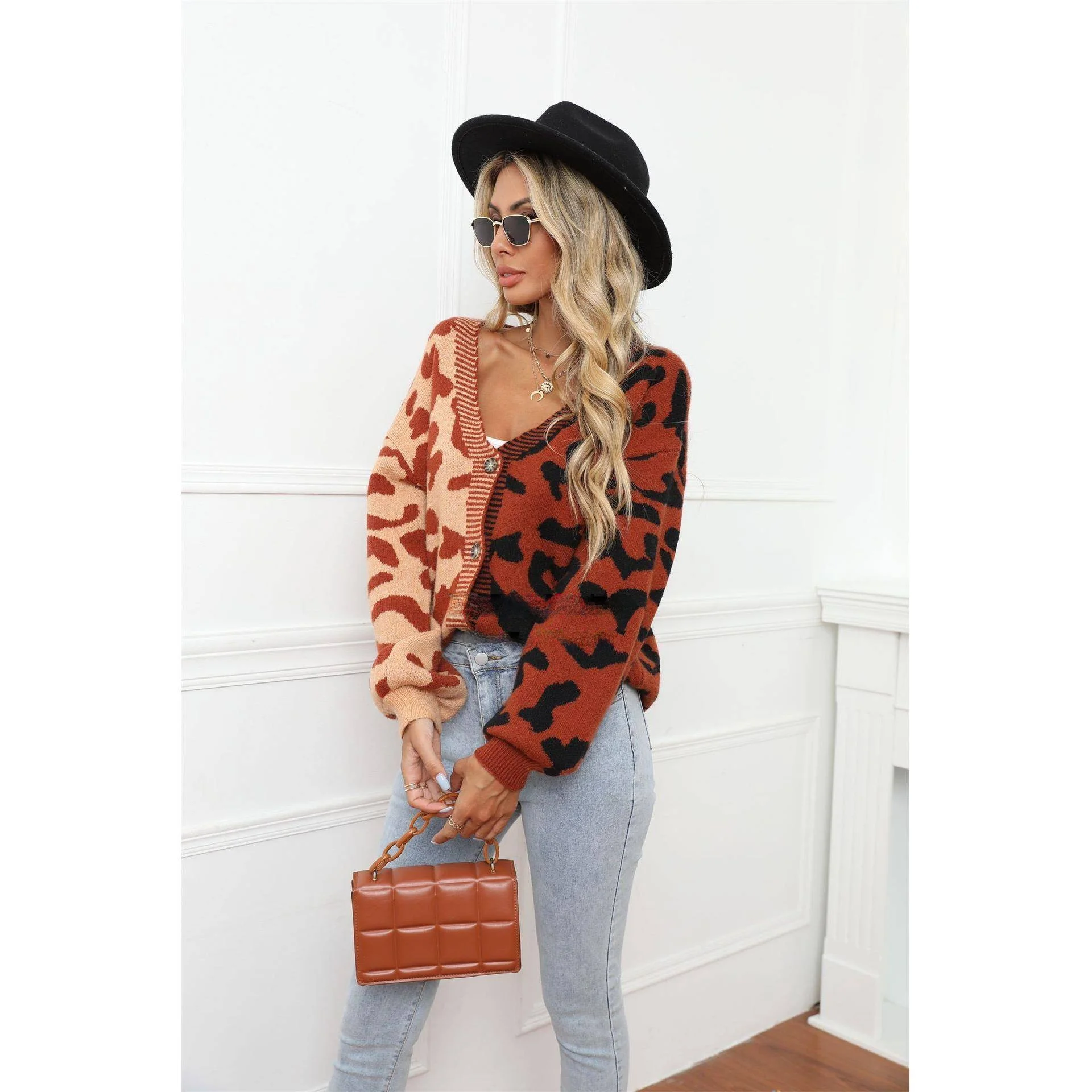 Zimowy sweter-płaszcz z dzianiny w panterkę dla kobiet, zapinany na guziki, casualowa odzież wierzchnia, ażurowy sweter typu lantern.