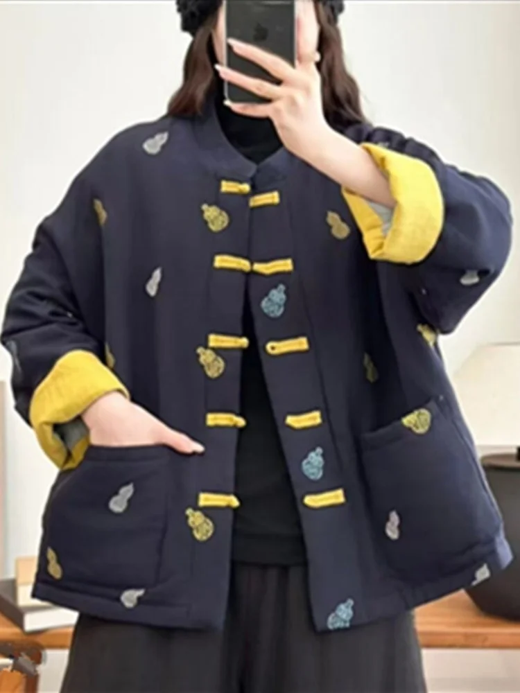 중국 슬레 헤비 자수 코튼 린넨 자켓 여성용 겨울 개선된 탕복 버튼 코튼 의류 티엔드 롱...