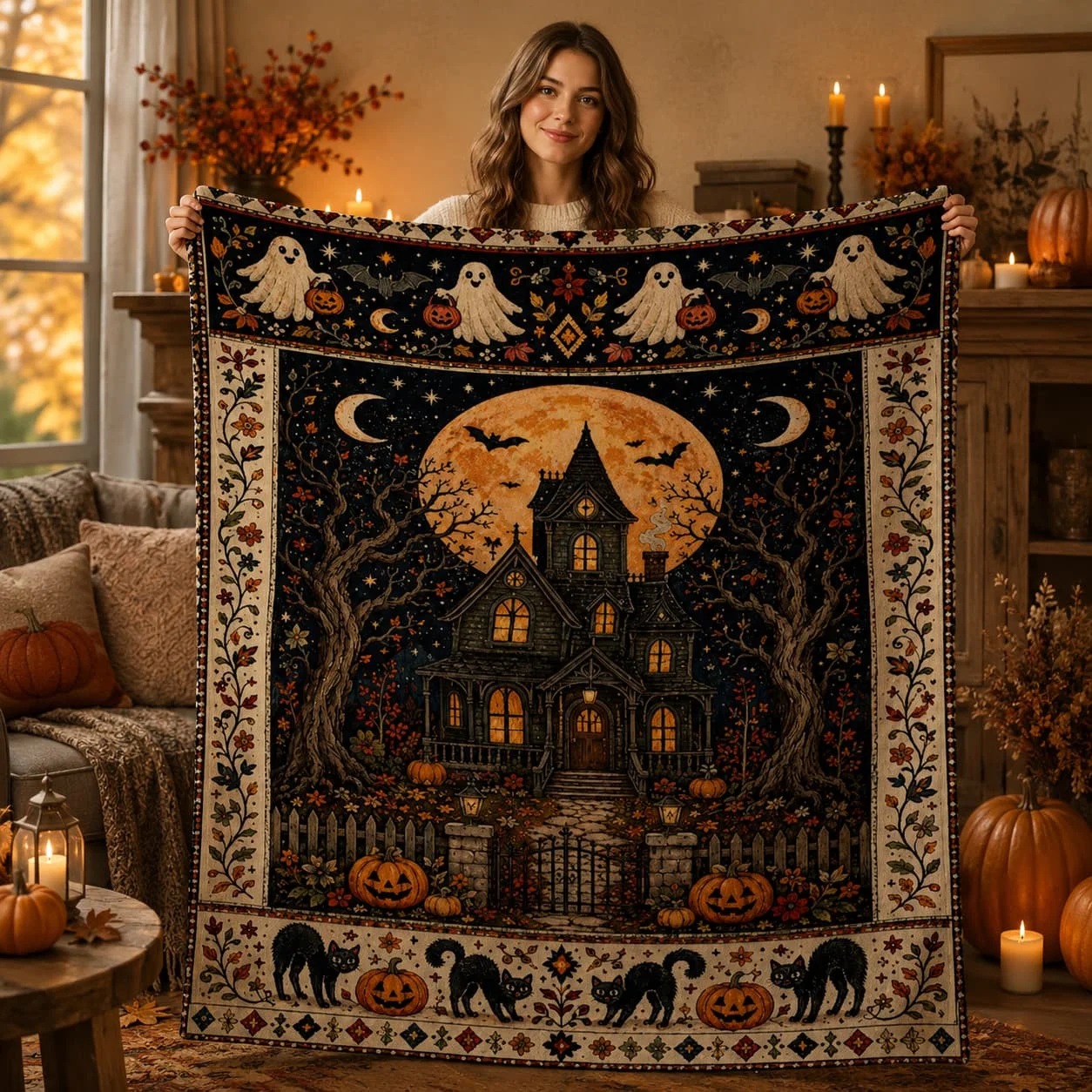 Haunted House Fleece Blanket, Gothic Spooky Halloween Throw, Cozy Fall Decor